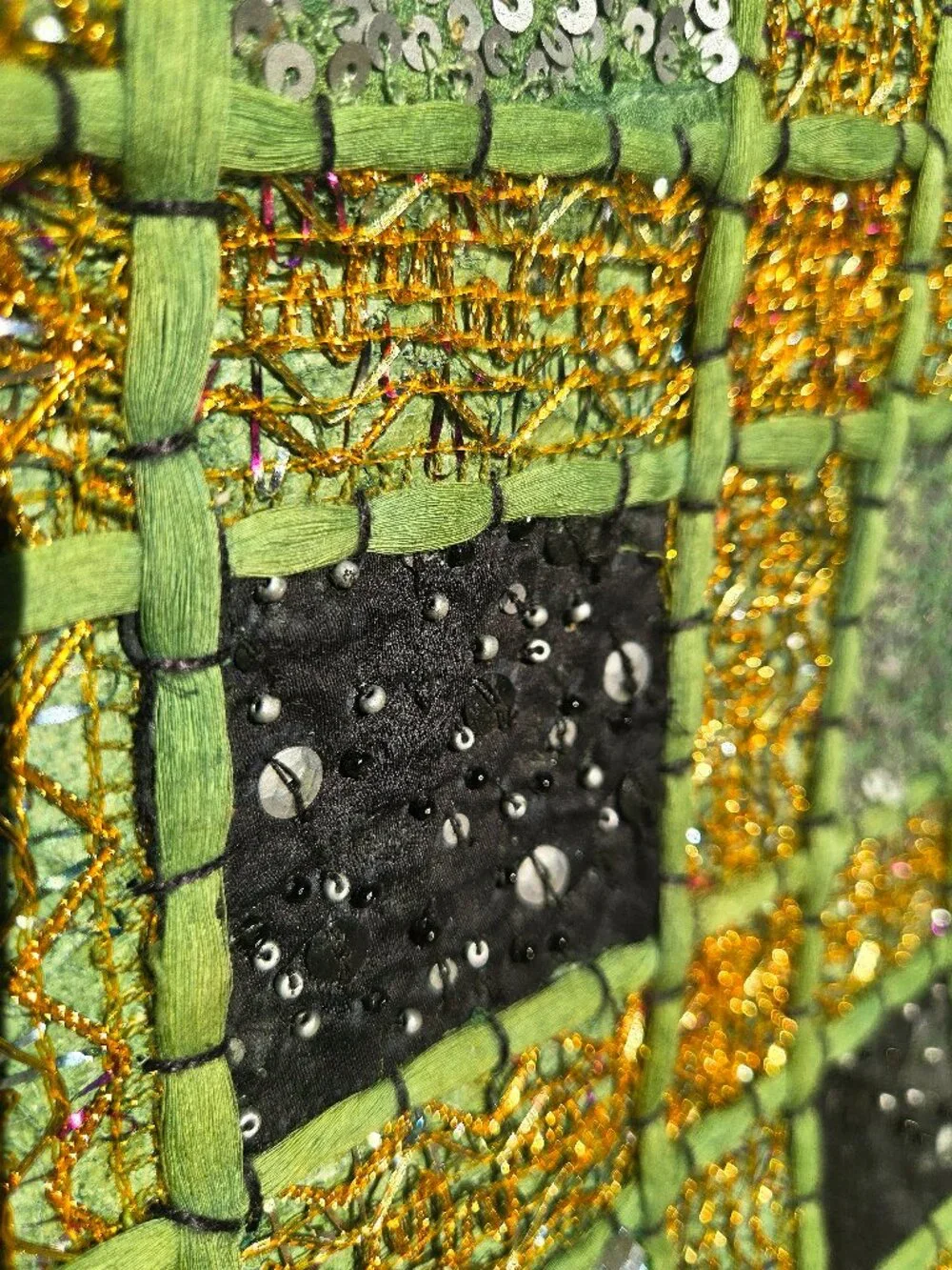 Vintage Pier 1 Imports Beaded Patchwork Placemat – Green & Gold Boho Table Decor